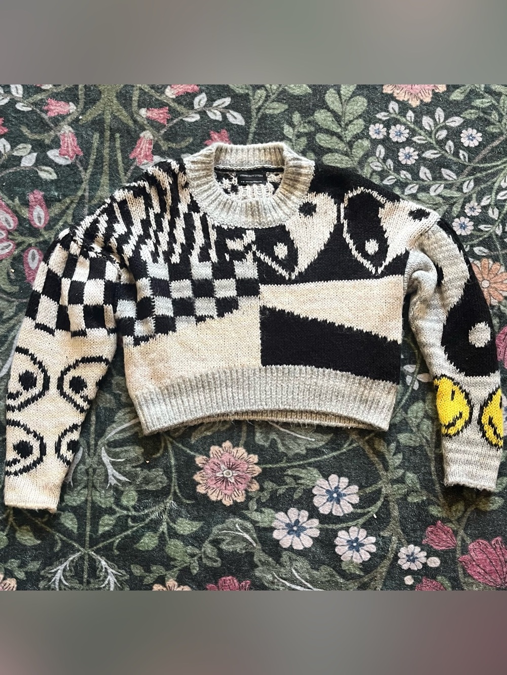 Urban Outfitters Black, Cream & Yellow Patterned Cropped Crewneck Sweater